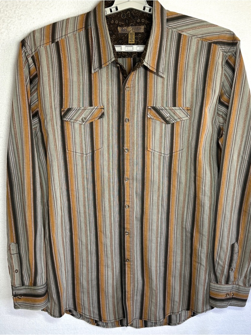 Pronto Uomo Blue Button Up Shirt Mens 3XLT Brown Gray Stripes Flip Cuff Pockets